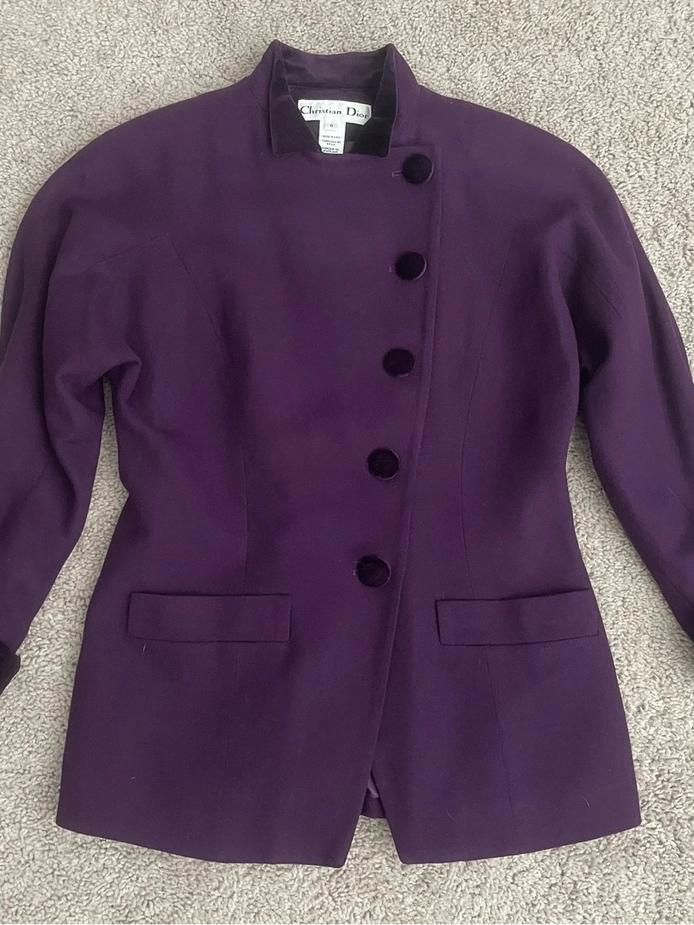 Vintage Christian Dior Pure Worsted Wool Velvet Trim Asymmetric Blazer Jacket 6